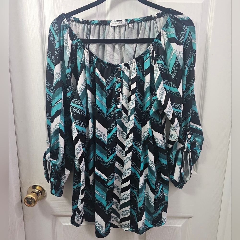 Women's Notations Tunic Top Black White Green Abstract Pattern 1X
